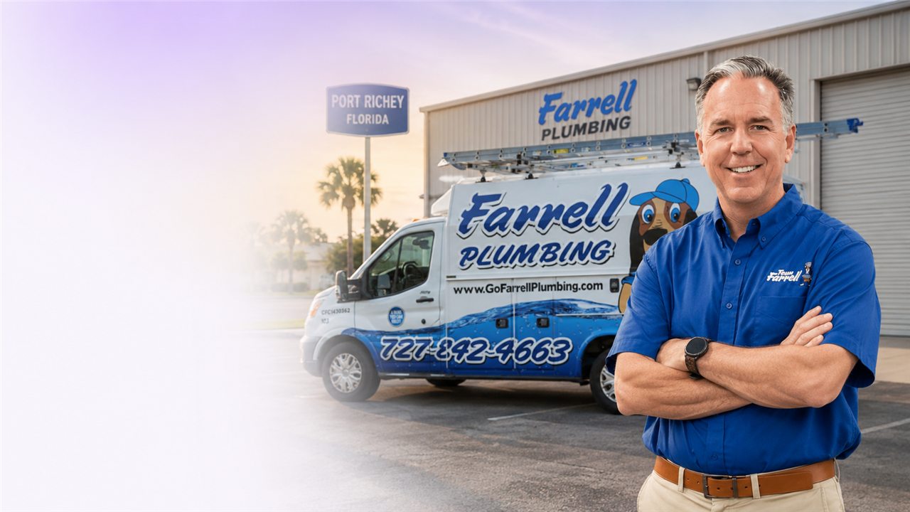 Farrell Plumbing owner in front of a Farrell Plumbing service van in Port Richey, Florida