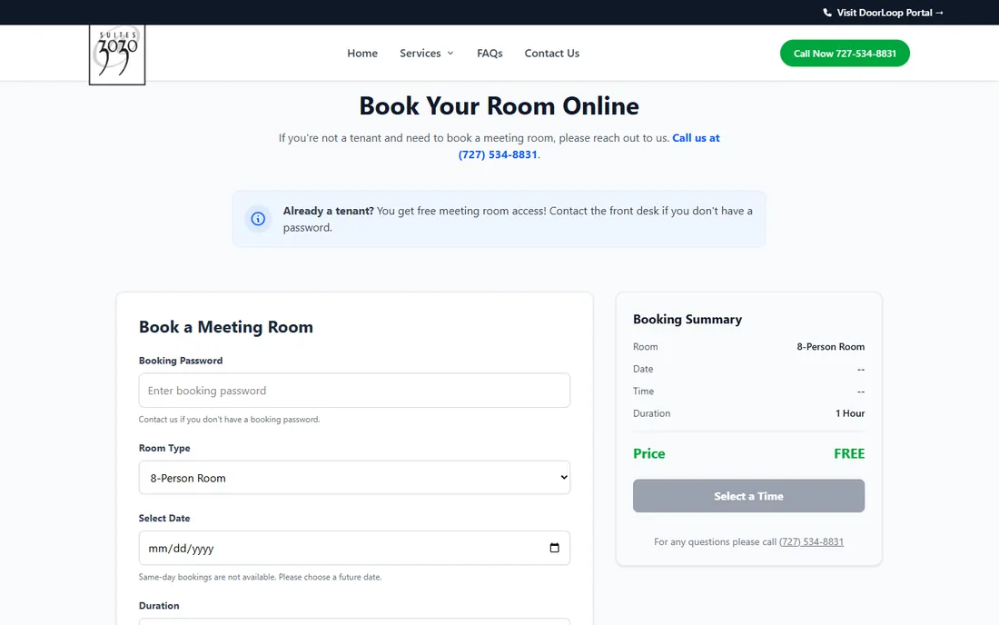 3030 Suites Book a Meeting Room form with fields for a booking password, room type and date, next to a booking summary that shows the price as free