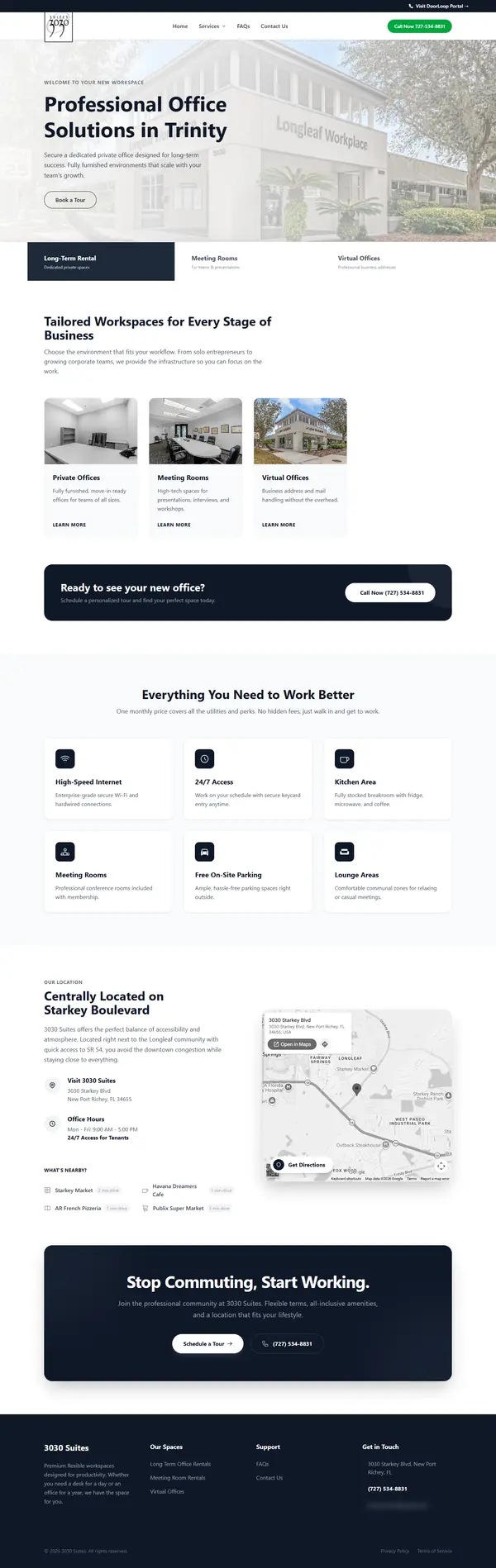 The full 3030 Suites home page from top to bottom: the Trinity headline, the three ways to rent, the amenities, the Starkey Boulevard location block with its map, and the tour button
