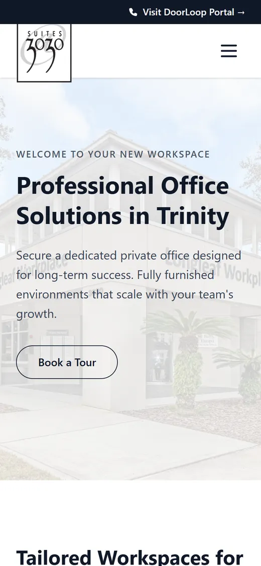 3030 Suites home page on a phone, with the Trinity headline and a Book a Tour button