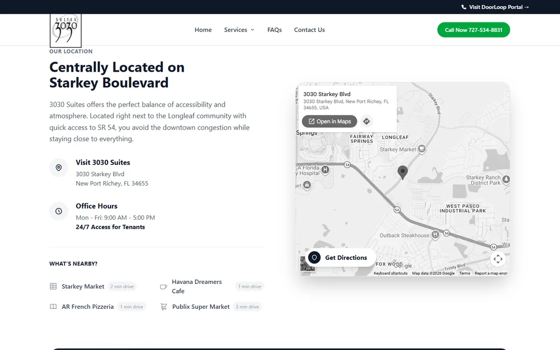 3030 Suites location section titled Centrally Located on Starkey Boulevard, with the street address, office hours, four nearby places with drive times and a Google map of the building