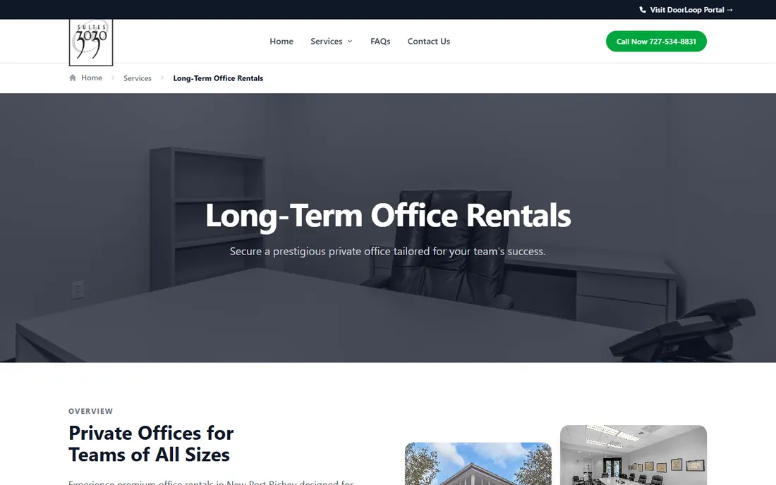 3030 Suites Long-Term Office Rentals page, with breadcrumbs above a dark photo of a furnished private office
