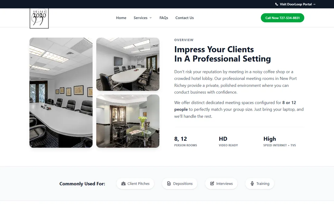 3030 Suites conference room page with photos of the boardroom tables, the line about rooms for 8 or 12 people, and the uses: client pitches, depositions, interviews and training
