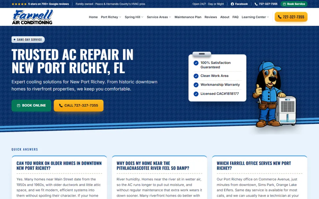 Farrell Air Conditioning New Port Richey page, with quick answers about older downtown homes and river humidity