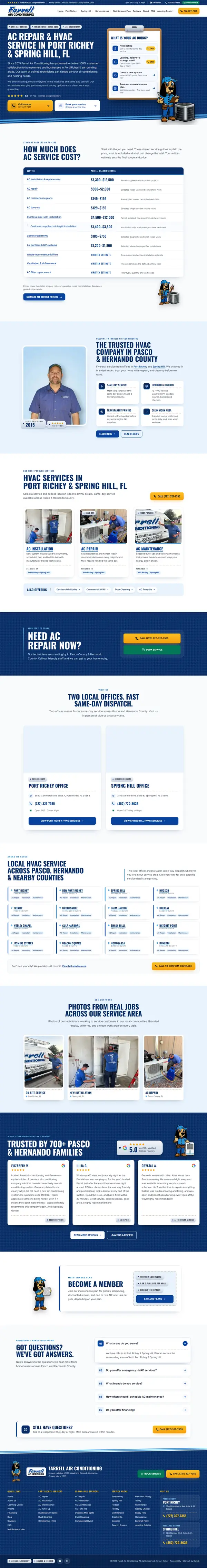 The full Farrell Air Conditioning home page from top to bottom: clipboard hero, price table, services, both offices, town list, reviews, maintenance plan and questions