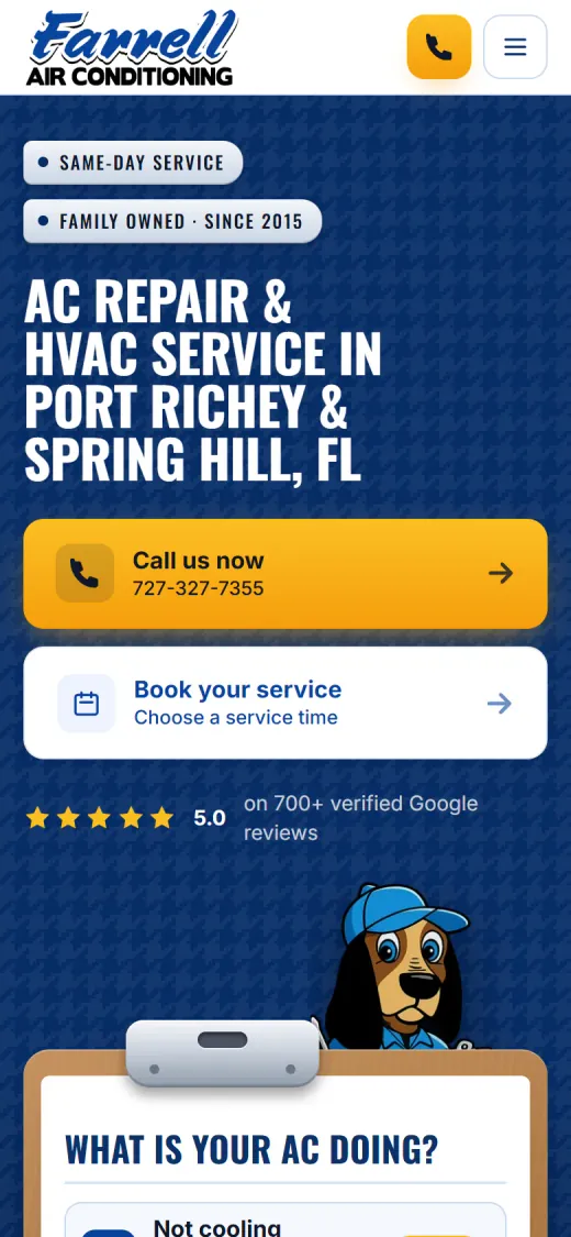 Farrell Air Conditioning home page on a phone