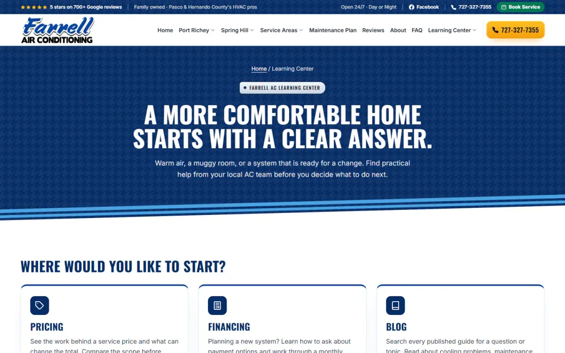 Farrell Air Conditioning learning center, headed A more comfortable home starts with a clear answer, with links to pricing, financing and the blog