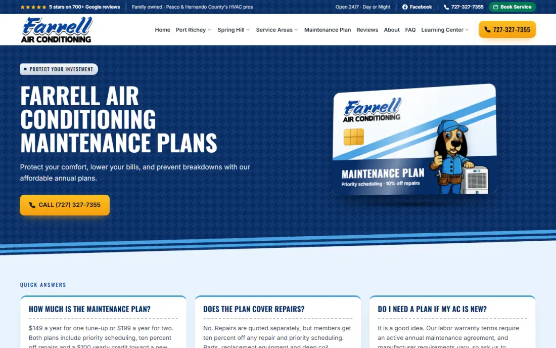 Farrell Air Conditioning maintenance plan page, with a membership card showing Rufus and the Farrell logo