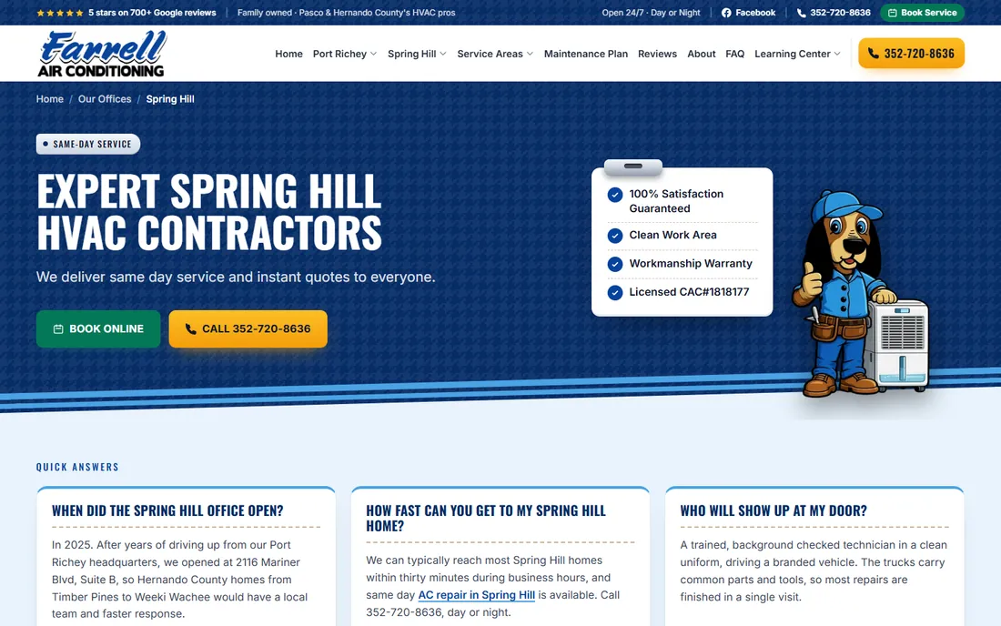 Farrell Air Conditioning Spring Hill office page, with quick answers about when the office opened and how fast a tech can arrive