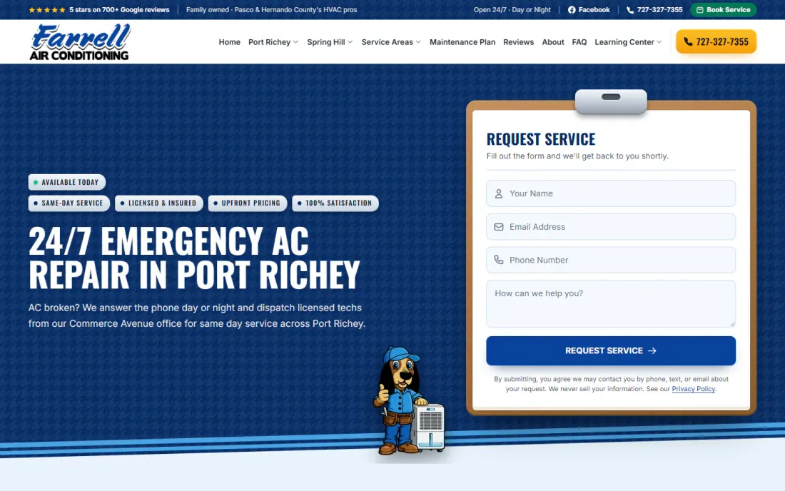 Farrell Air Conditioning page for emergency AC repair in Port Richey, with a service request form on a clipboard