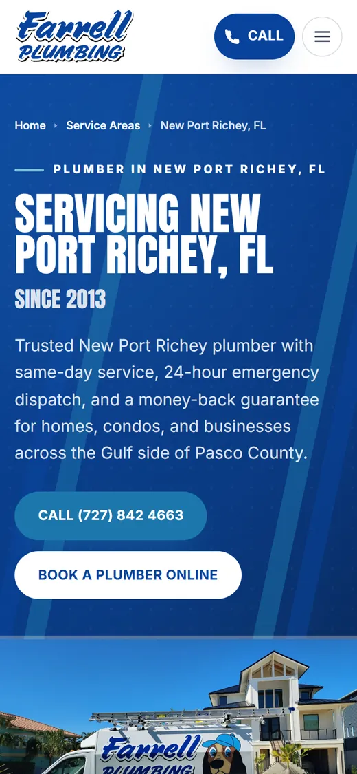 Farrell Plumbing's New Port Richey page on a phone, headed Servicing New Port Richey, FL since 2013, with call and booking buttons