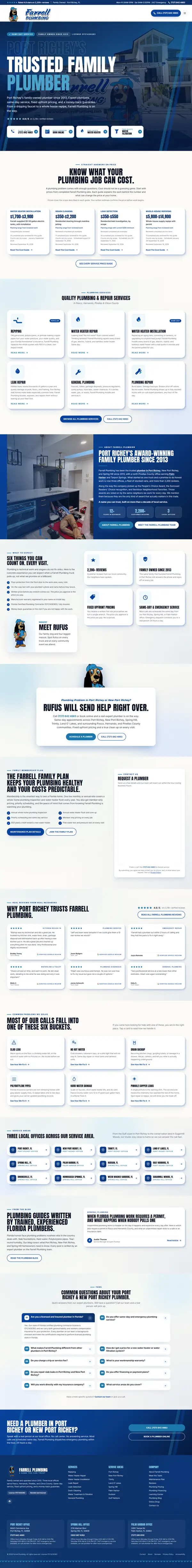 The full Farrell Plumbing home page from top to bottom: hero, price ranges, services, reviews, three offices, blog guides and questions
