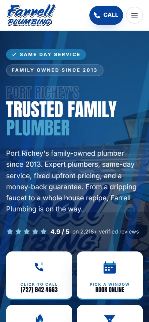 Farrell Plumbing home page on a phone, built and run by Rankd