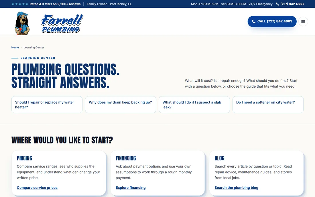 Farrell Plumbing learning center, with common plumbing questions and links to pricing, financing and the blog