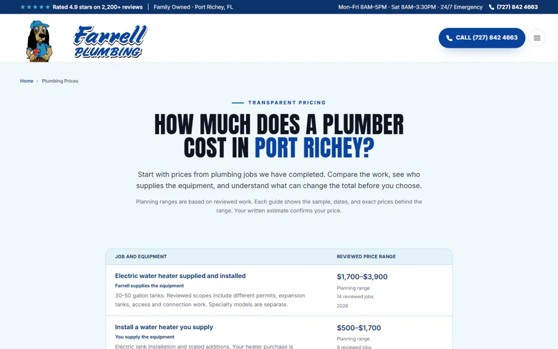 Farrell Plumbing pricing hub, a table of jobs with reviewed price ranges and the number of jobs behind each one