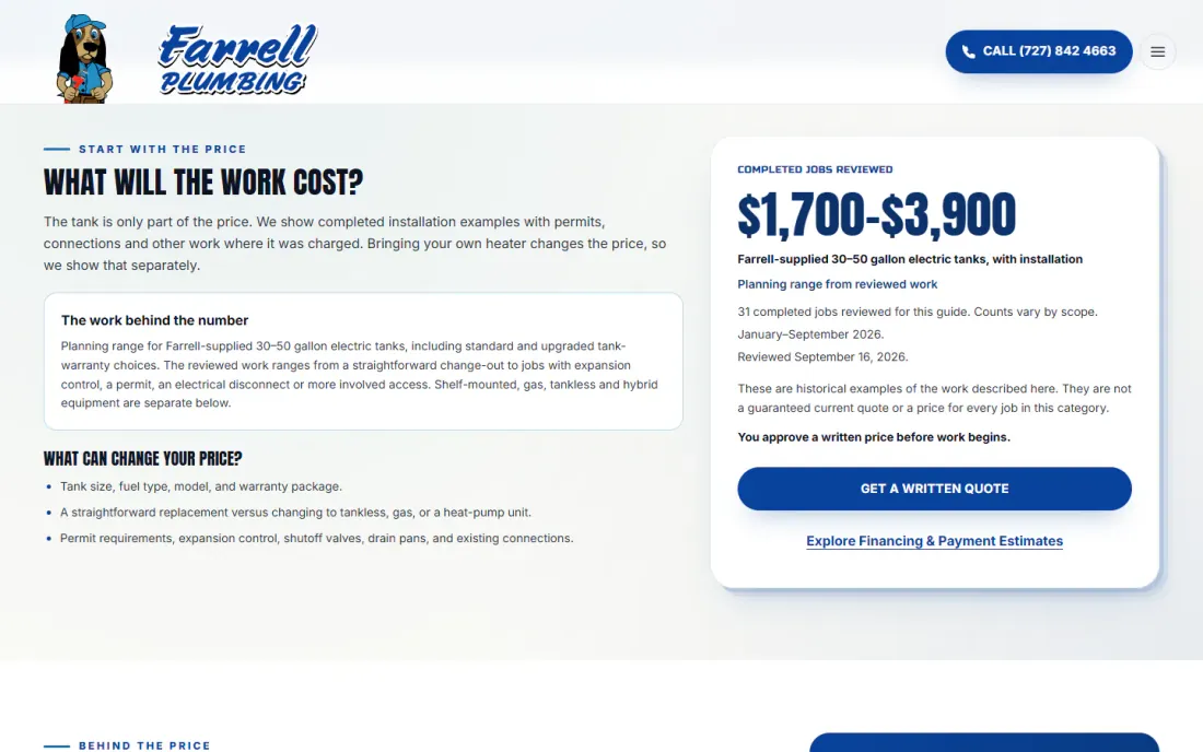 Farrell Plumbing water heater installation cost guide, showing the price range and how many completed jobs were reviewed to set it