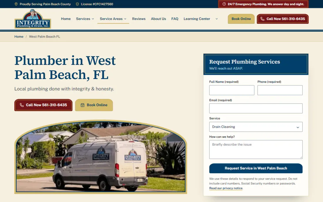 Integrity Plumbing and Drain West Palm Beach page, with an Integrity van in an arch frame next to a service request form