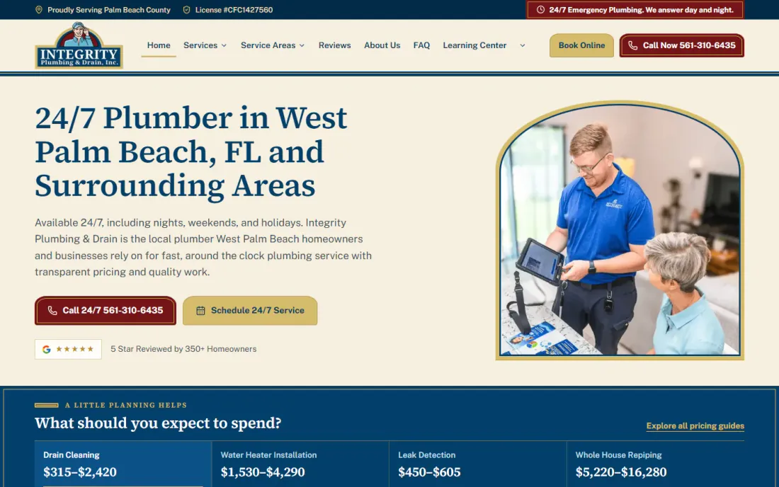 Integrity Plumbing and Drain home page, built and run by Rankd