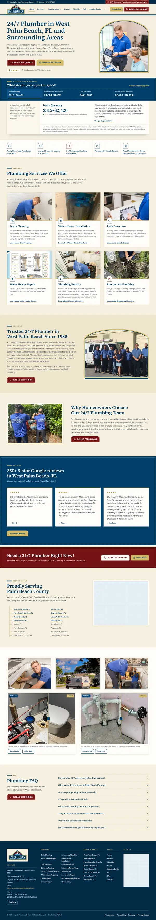 The full Integrity Plumbing and Drain home page from top to bottom: hero, navy price band, services, company story, reviews, cities served, before and after photos and questions