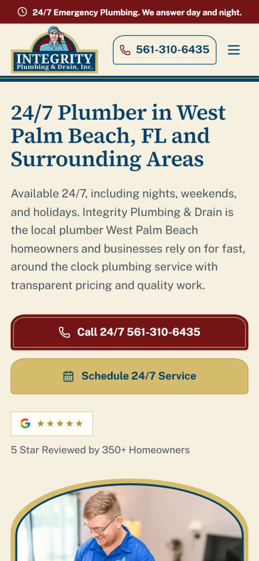 Integrity Plumbing and Drain home page on a phone