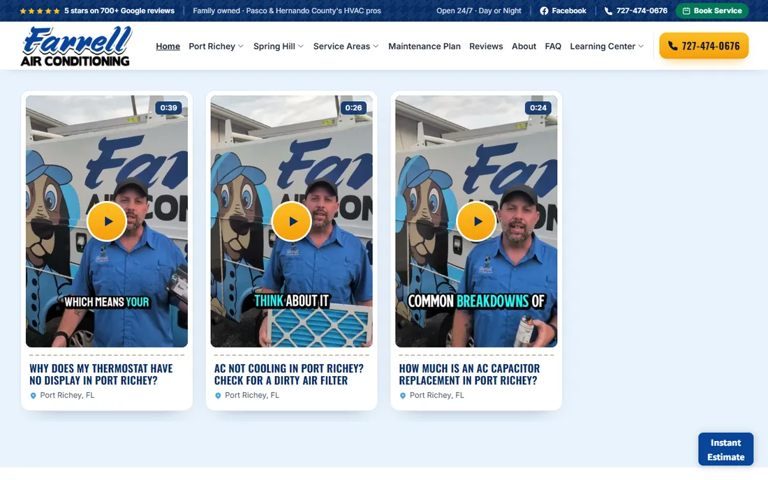 The video row on the Farrell Air Conditioning home page: three tall Short covers of a tech in front of a Farrell van, titled thermostat with no display, dirty air filter, and AC capacitor replacement cost