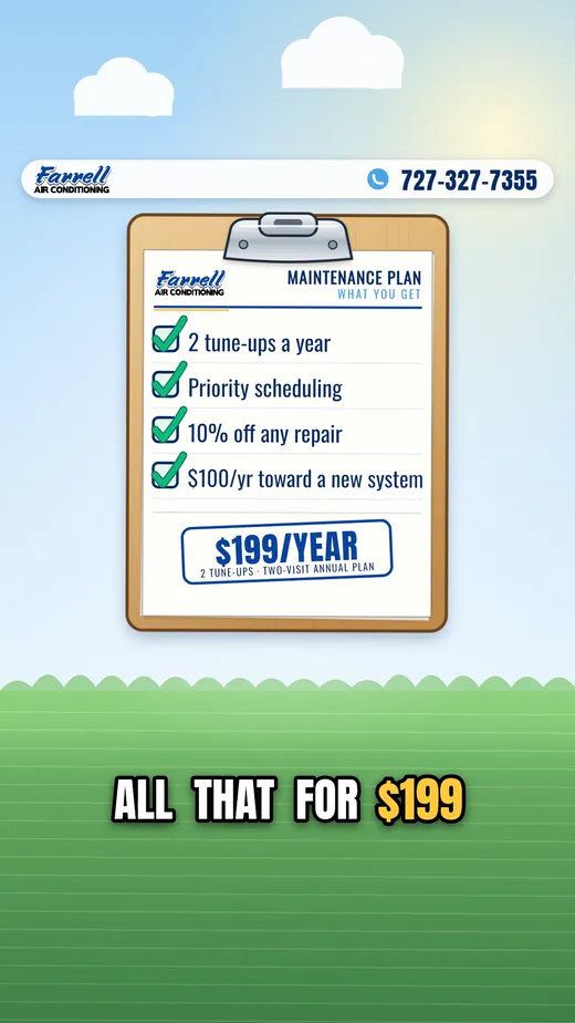 Still from the Farrell Air Conditioning video ad: a clipboard titled Maintenance Plan with four checked items, two tune-ups a year, priority scheduling, 10 percent off any repair and 100 dollars a year toward a new system