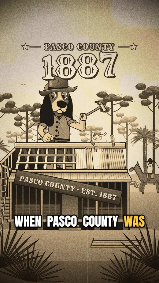 Still from the Team Farrell video ad: Rufus the hound in a frontier hat hammering a roof frame under a Pasco County 1887 sign, in sepia